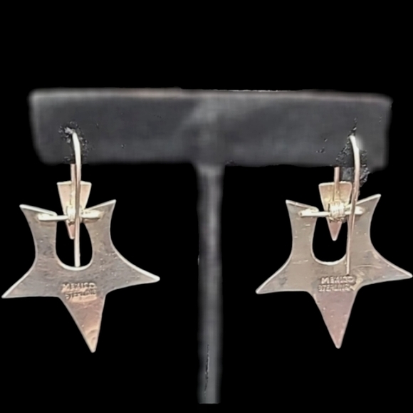 Unique Pure .925 Retro Star Earrings Mexico Artisan Statement 1990's - Picture 3 of 5